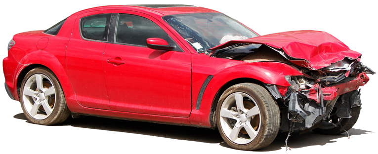 Red car with damaged hood.