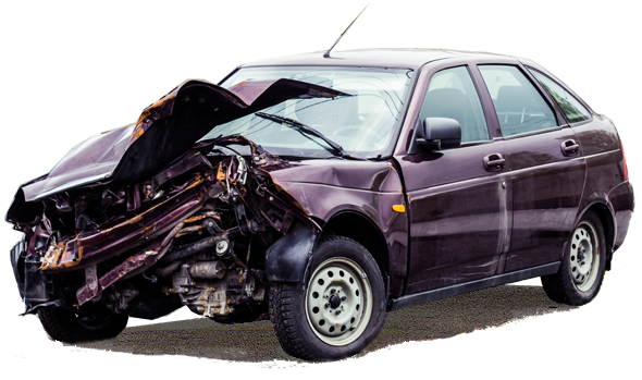 Purple damaged car  with damaged front end.